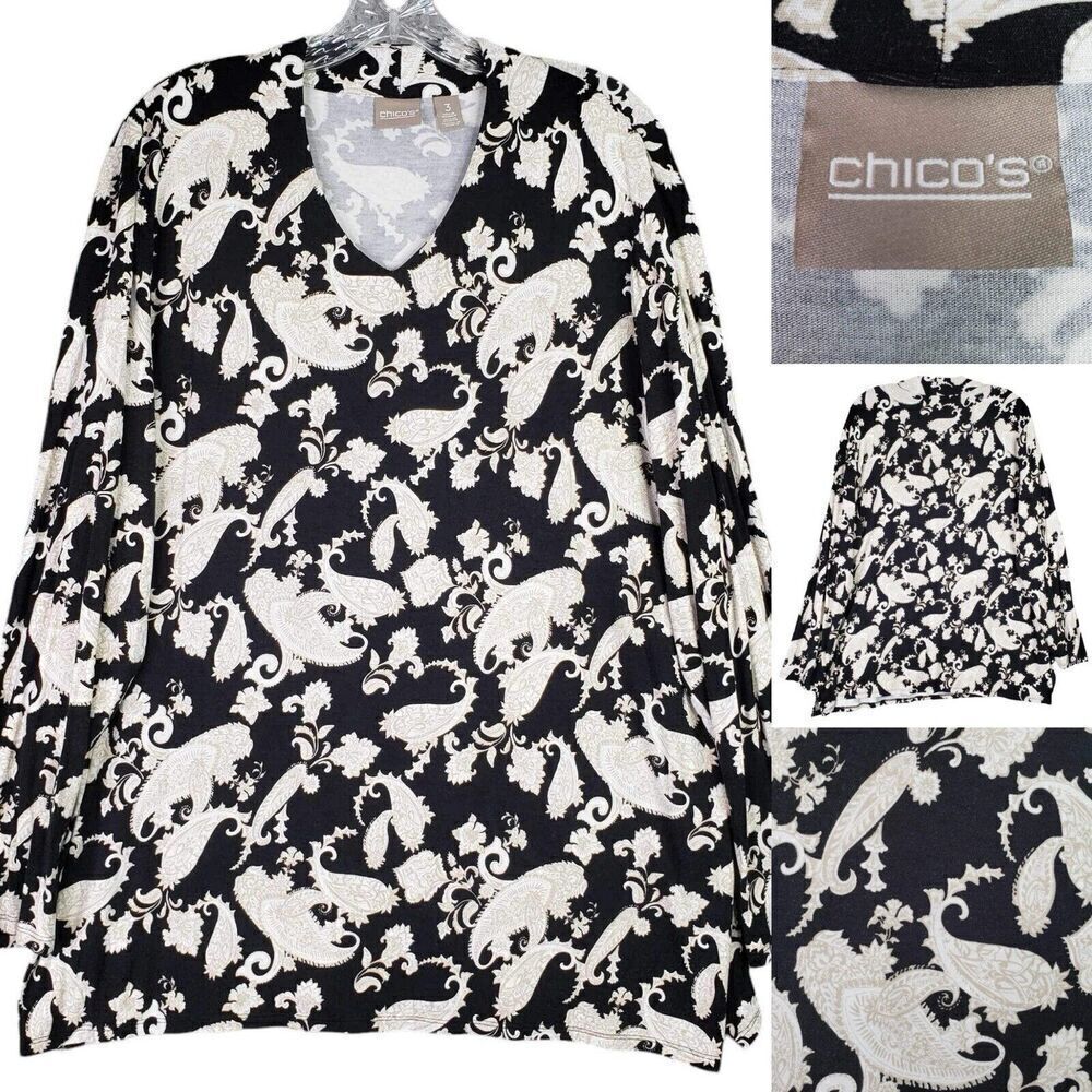 Chicos Shirt Popover Womens Size 3 US XL Long Sleeve Rayon Paisley White Black